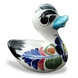 Vintage Mexican Folk Art Pottery Duck – Tonala Style Hand Painted Bird Figurine